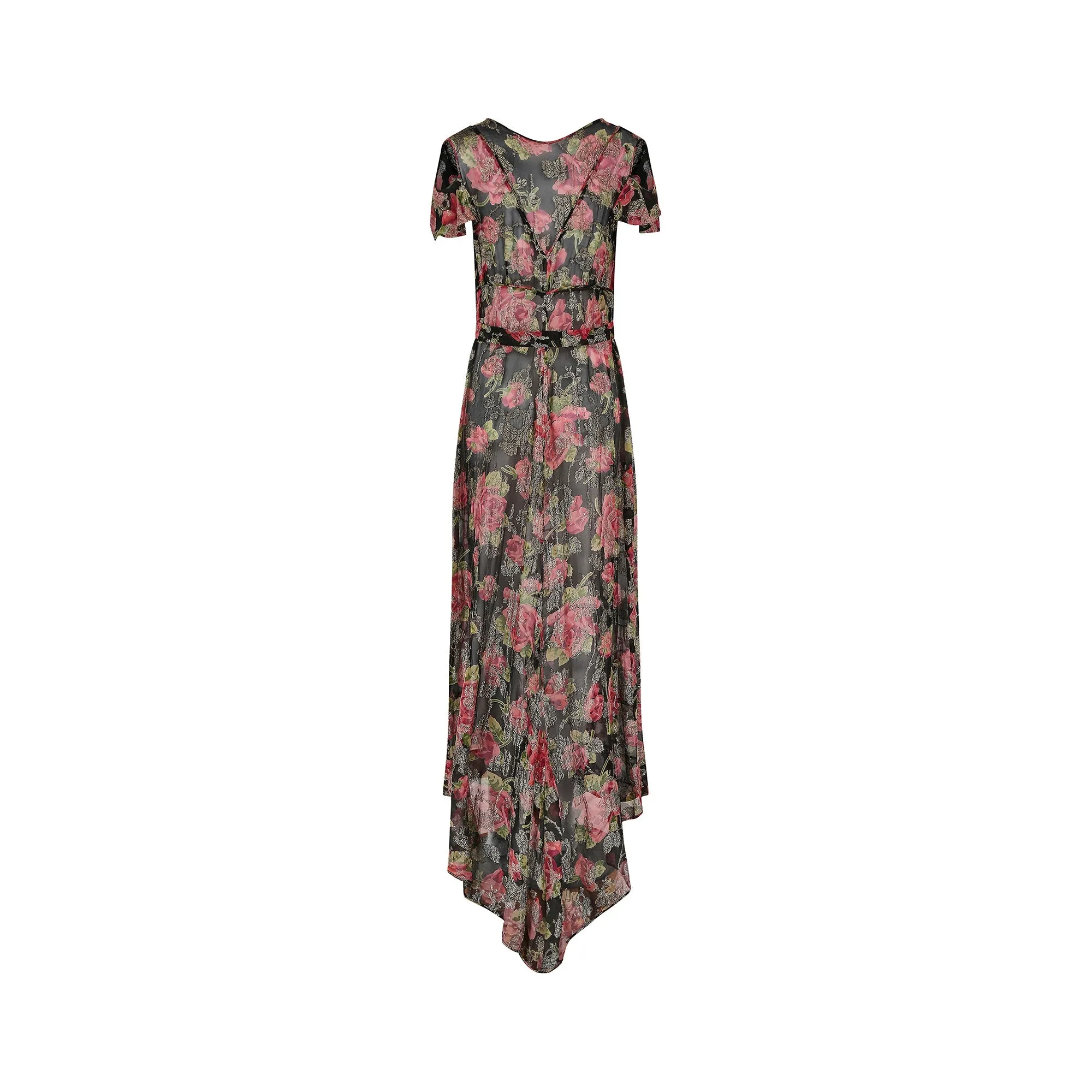 1930s Chiffon and Lame Rose Print Dress