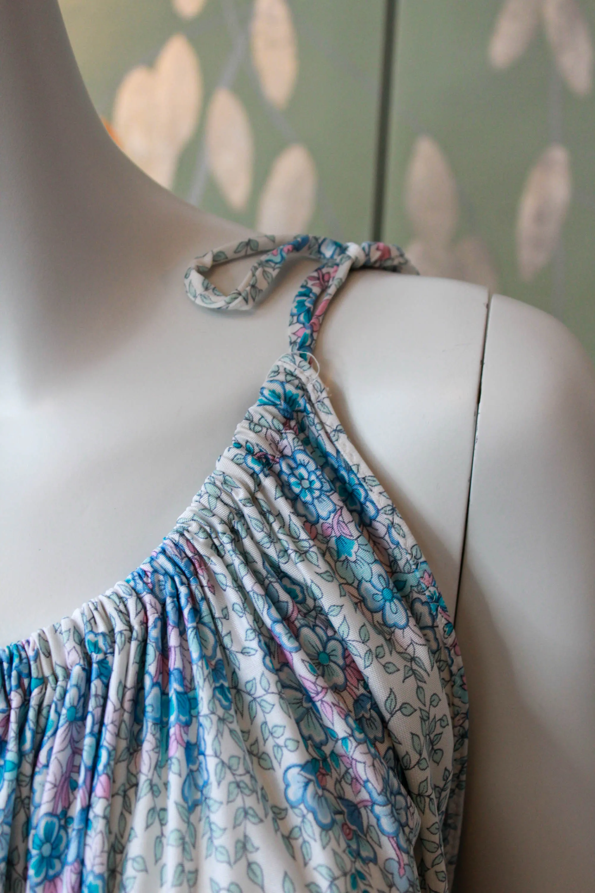 1970s Blue Floral Maxi House Dress with Tie Shoulders, Large