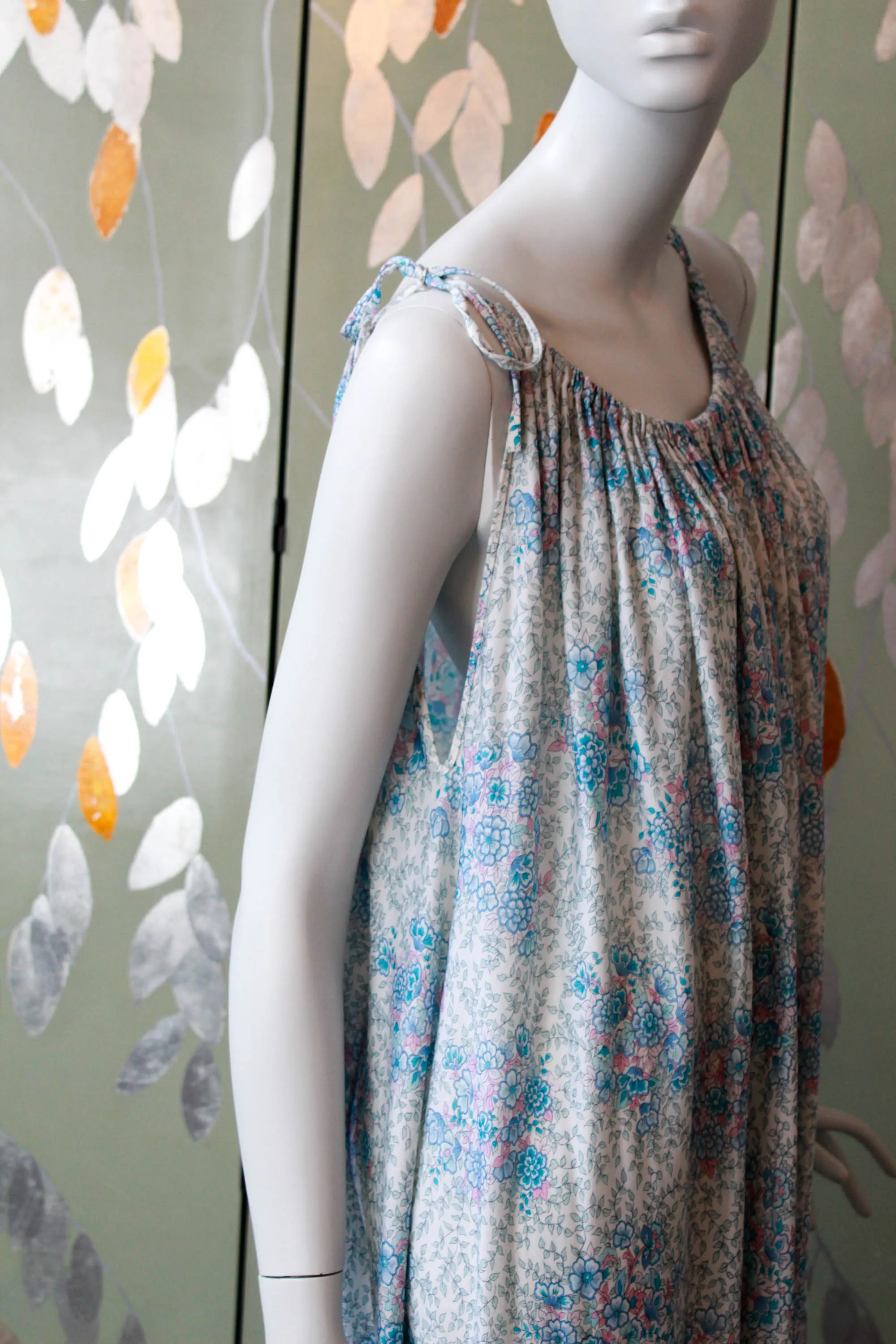 1970s Blue Floral Maxi House Dress with Tie Shoulders, Large