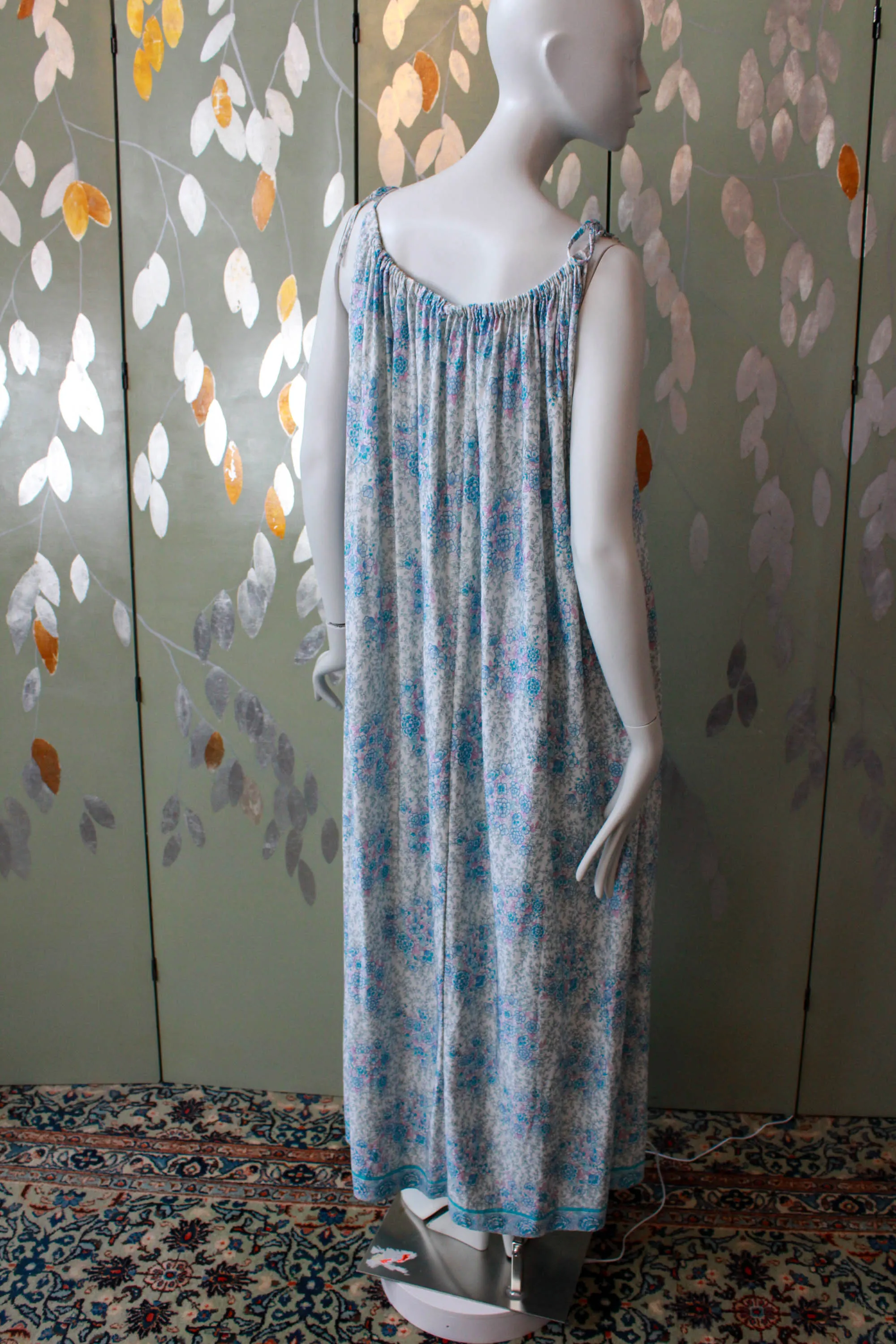 1970s Blue Floral Maxi House Dress with Tie Shoulders, Large