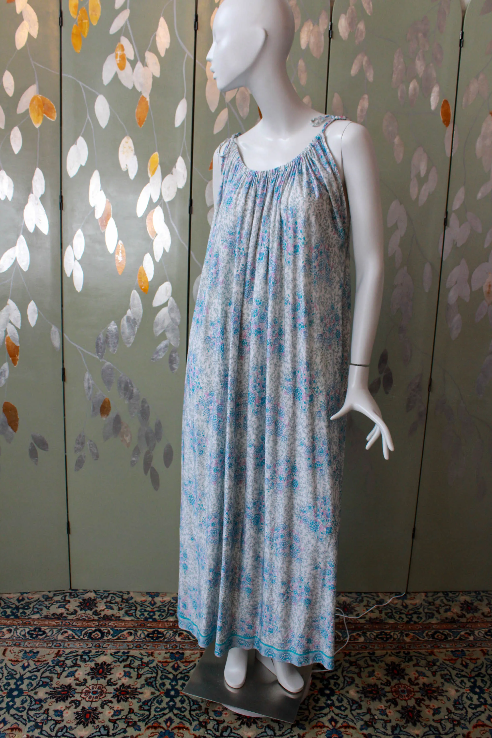 1970s Blue Floral Maxi House Dress with Tie Shoulders, Large