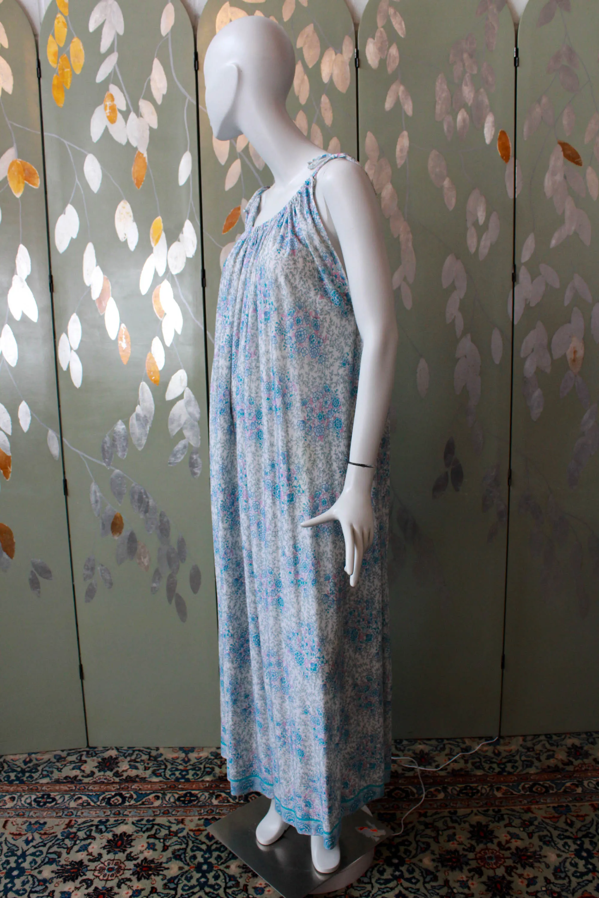 1970s Blue Floral Maxi House Dress with Tie Shoulders, Large