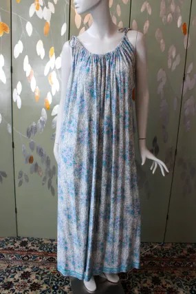 1970s Blue Floral Maxi House Dress with Tie Shoulders, Large