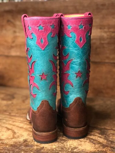 Anderson Bean Children Macie Bean Pink & Turquoise Star Square Toe Western Boots MK9096