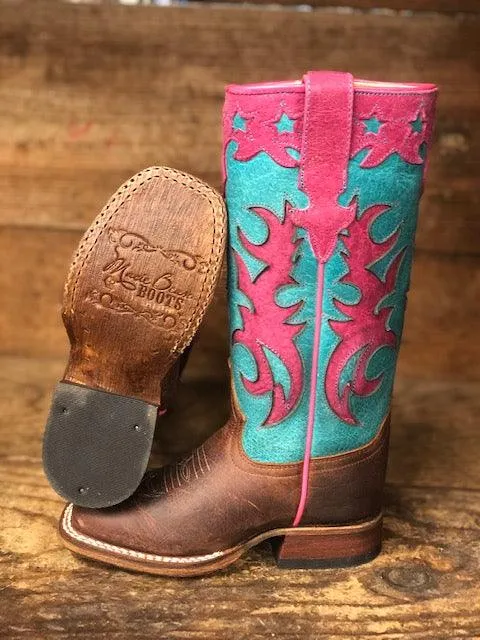 Anderson Bean Children Macie Bean Pink & Turquoise Star Square Toe Western Boots MK9096