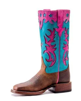 Anderson Bean Children Macie Bean Pink & Turquoise Star Square Toe Western Boots MK9096