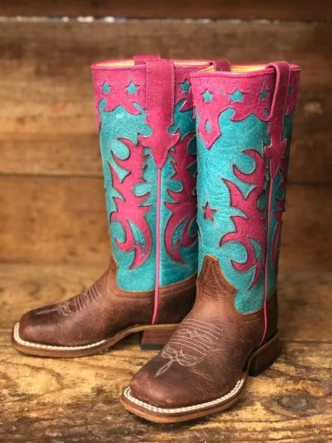 Anderson Bean Children Macie Bean Pink & Turquoise Star Square Toe Western Boots MK9096