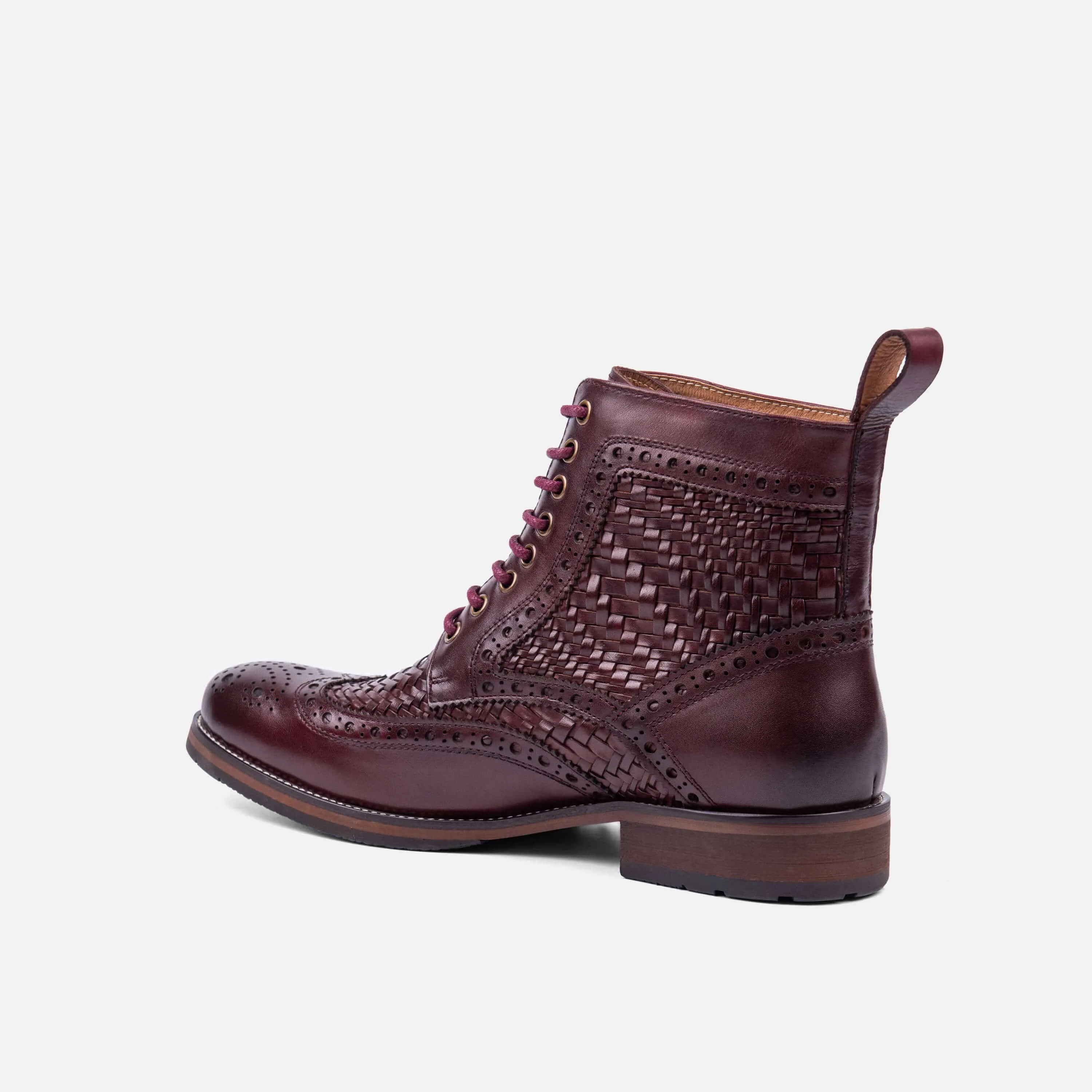 Belmont Woven Burgundy Leather Wingtip Combat Boots