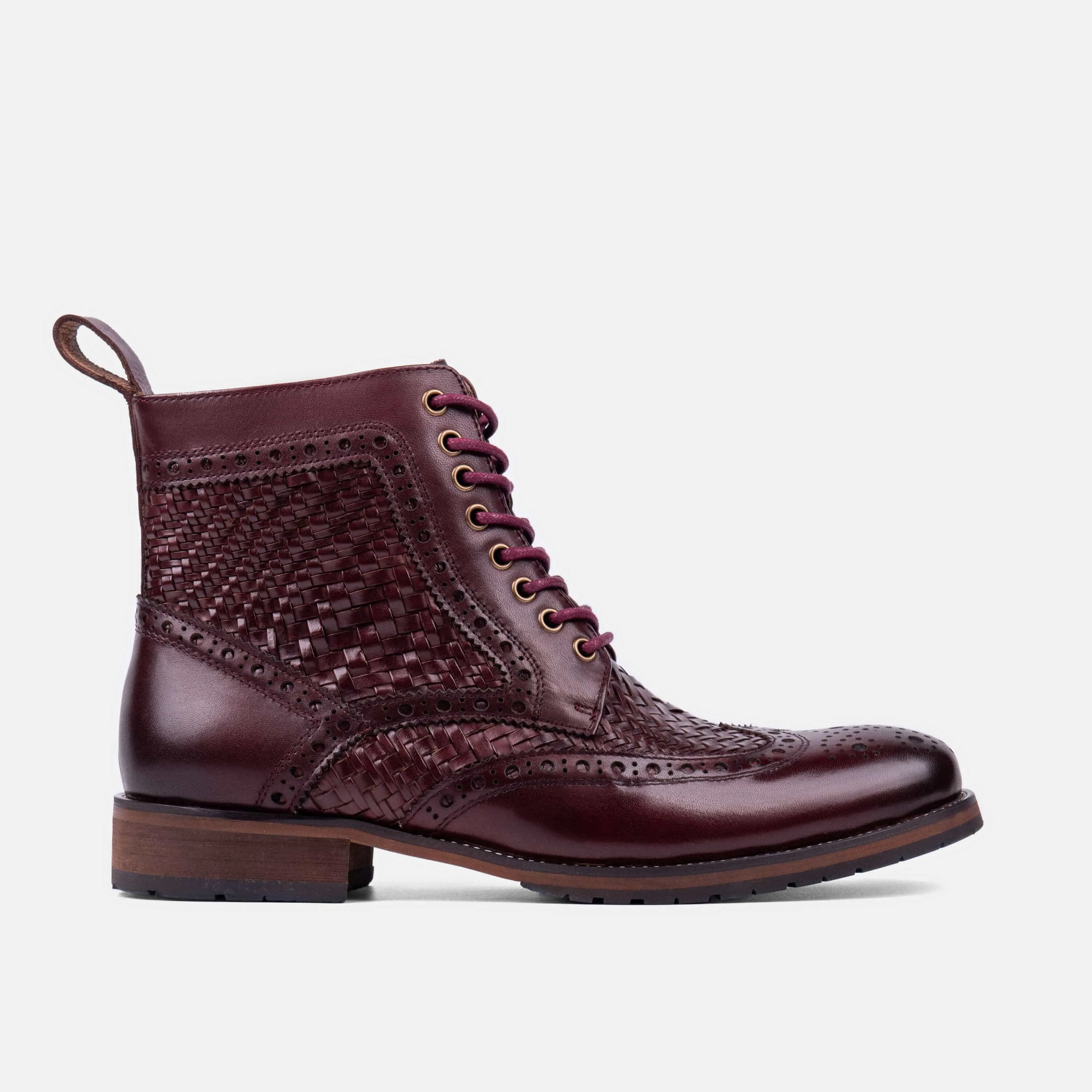 Belmont Woven Burgundy Leather Wingtip Combat Boots