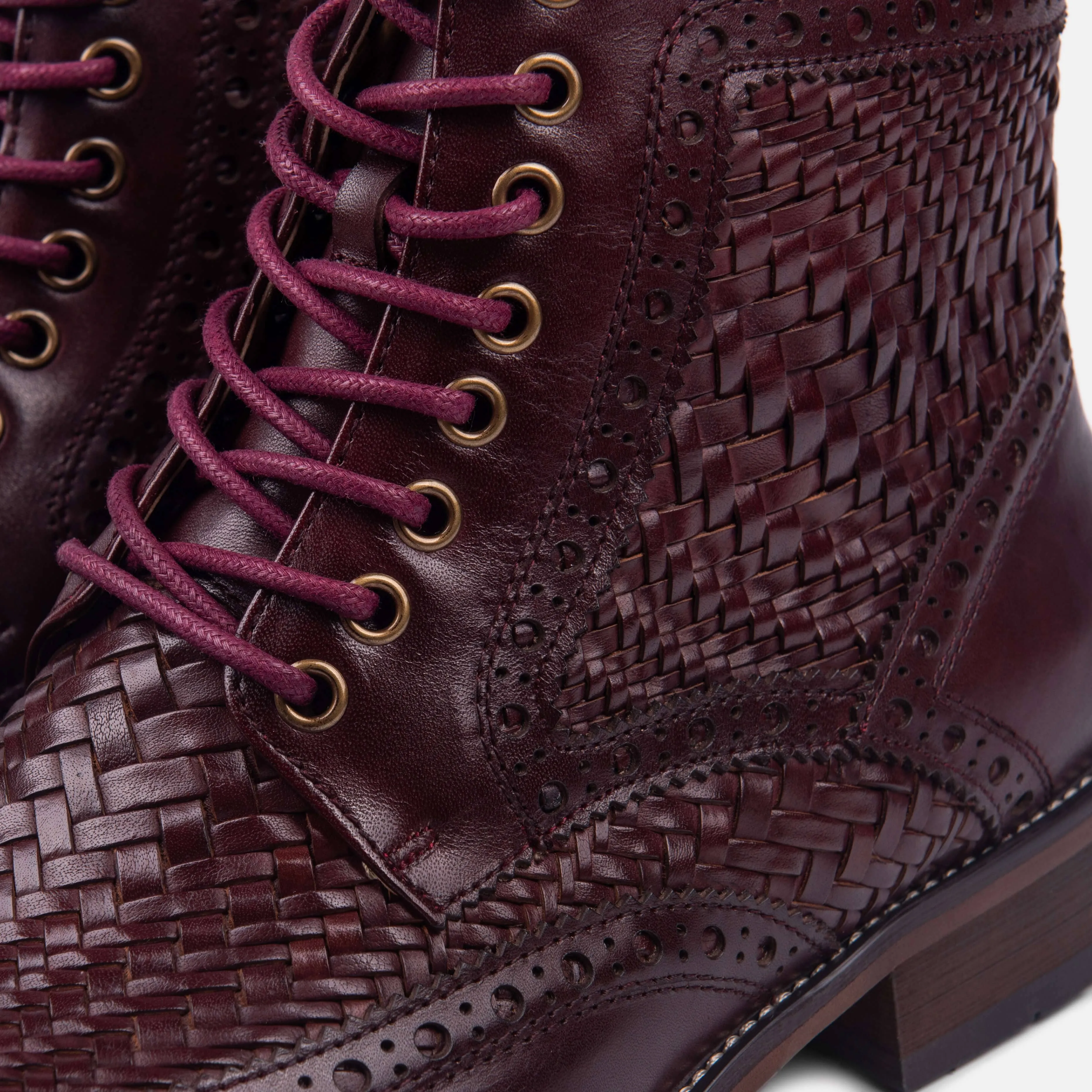 Belmont Woven Burgundy Leather Wingtip Combat Boots