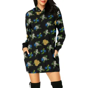 black floral blue gold white print 2 All Over Print Hoodie Mini Dress (Model H27)