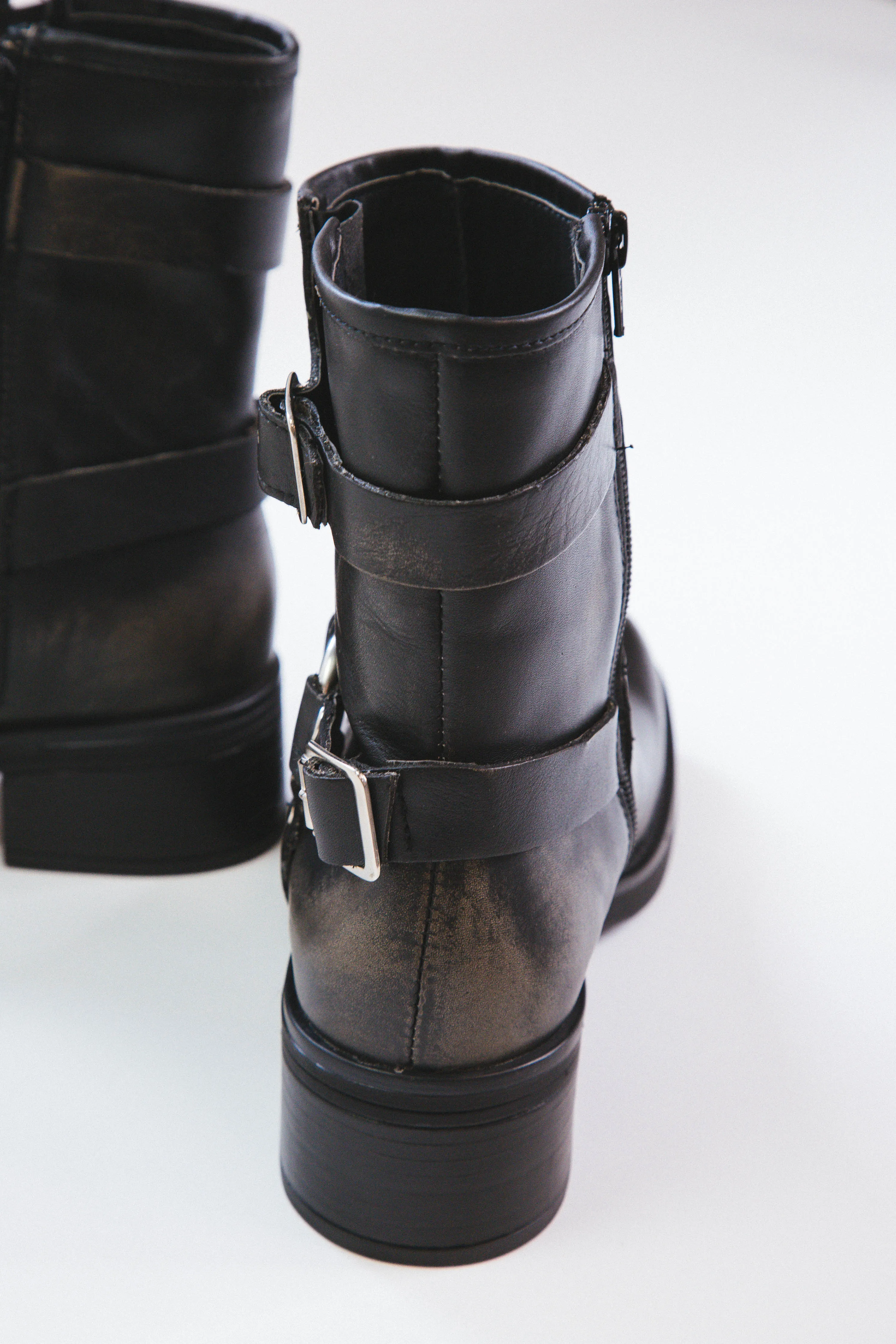 Brixton Buckle Moto Boot, Black Distress | Steve Madden