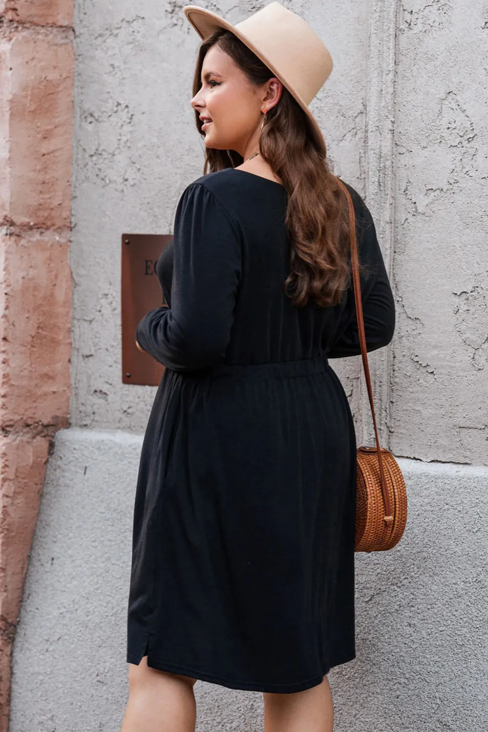 Button Front Elastic Waist Long Sleeve Dress