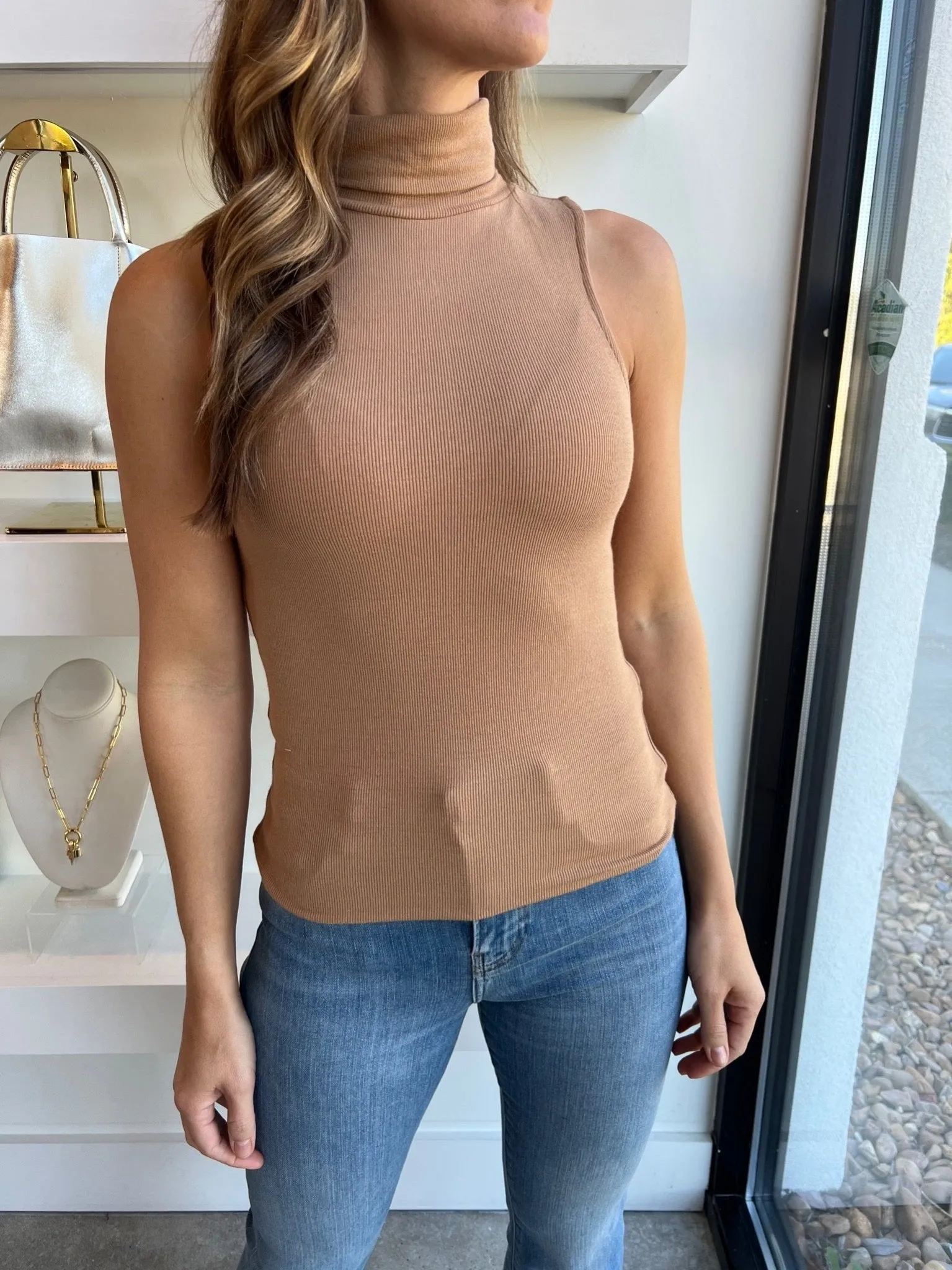 Camel Sleeveless Turtleneck Top