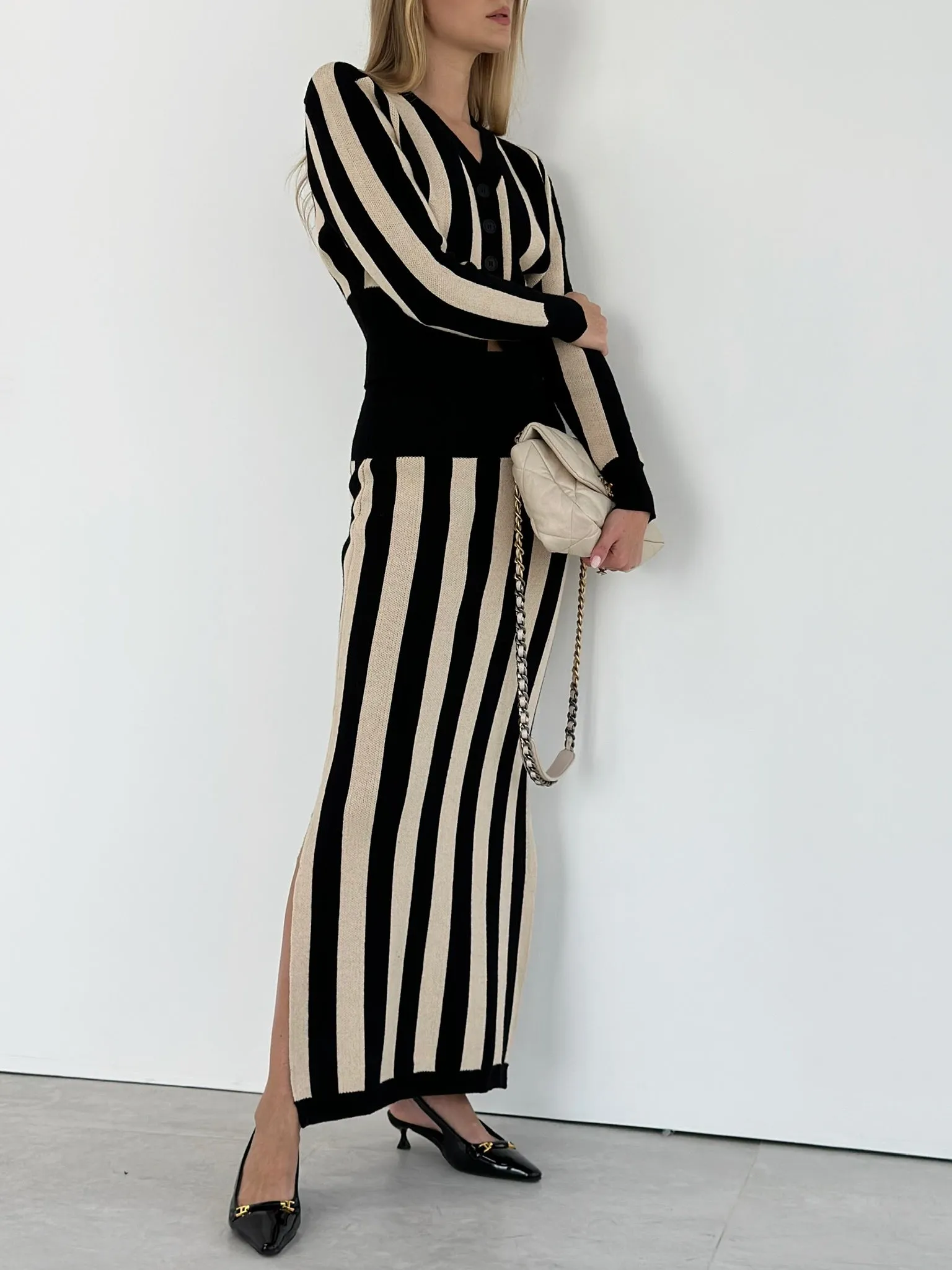 Daria Knitted Stripe Maxi Skirt | Black & Beige