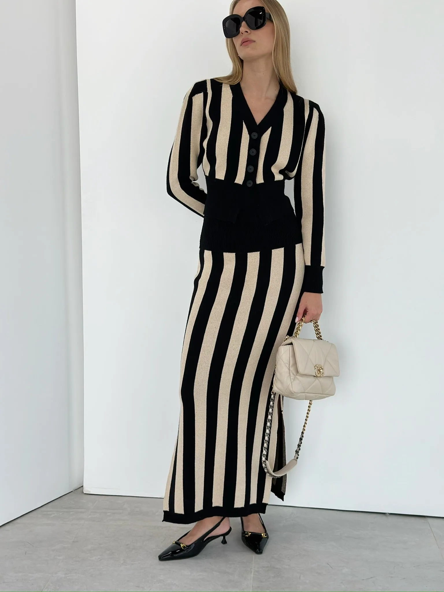 Daria Knitted Stripe Maxi Skirt | Black & Beige