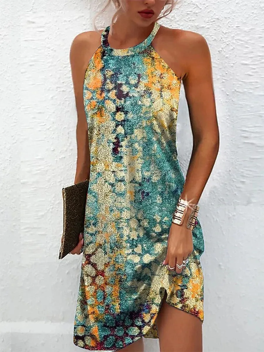 Floral Print Sleeveless A-Line Summer Dress with Halter Neck