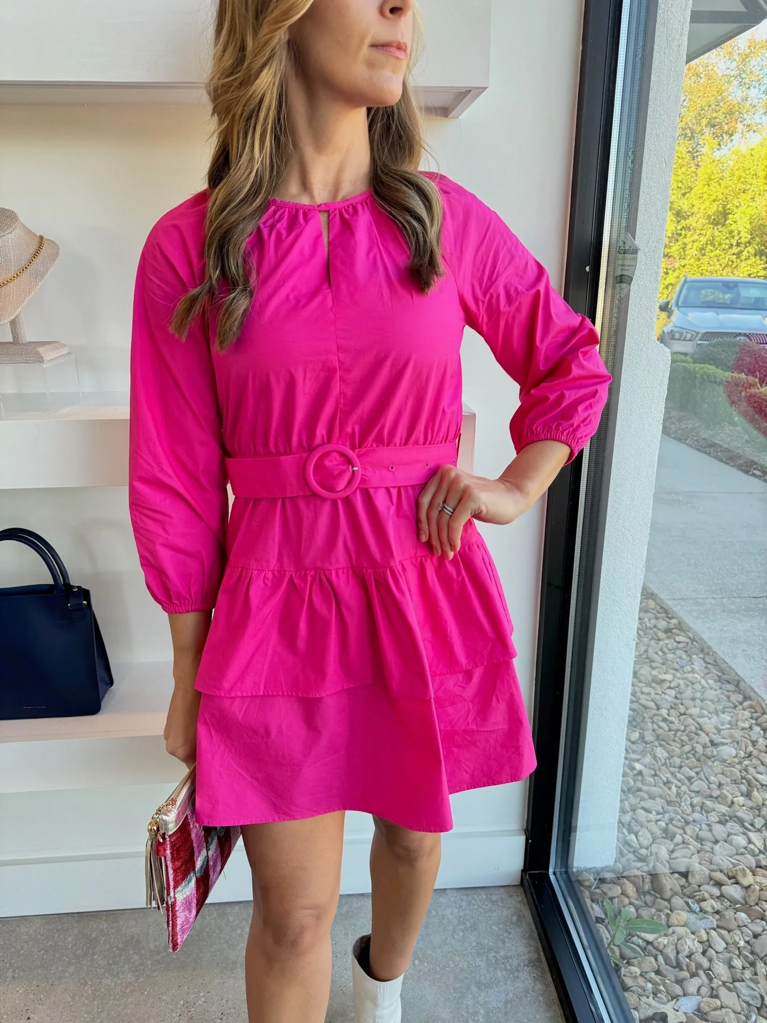 Fuchsia Trina Poplin Belted Mini Dress