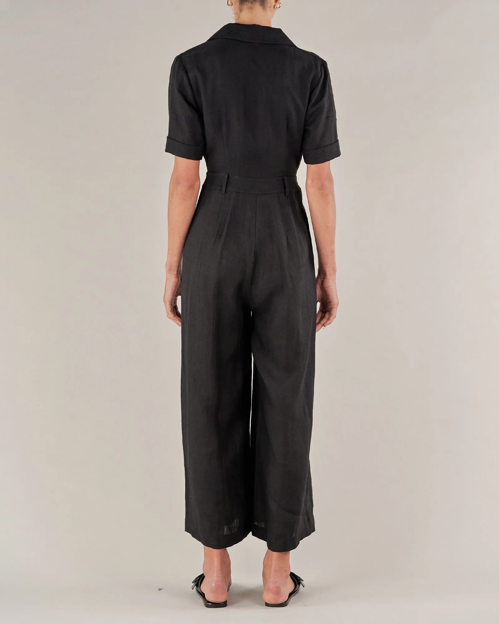 Ines Linen Tie Front Jumpsuit - Black