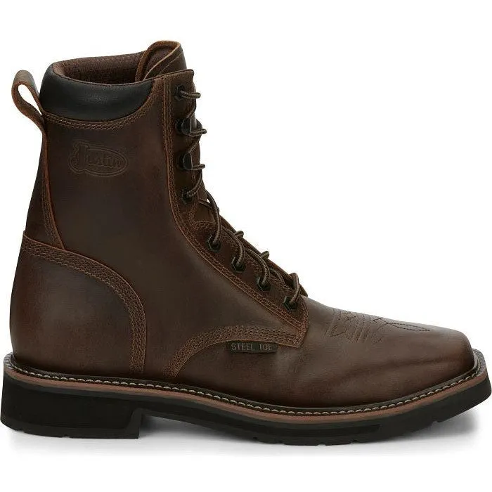 Justin Men's Pulley 8 Steel Toe Lace Up Western Work Boot -Brown- SE682