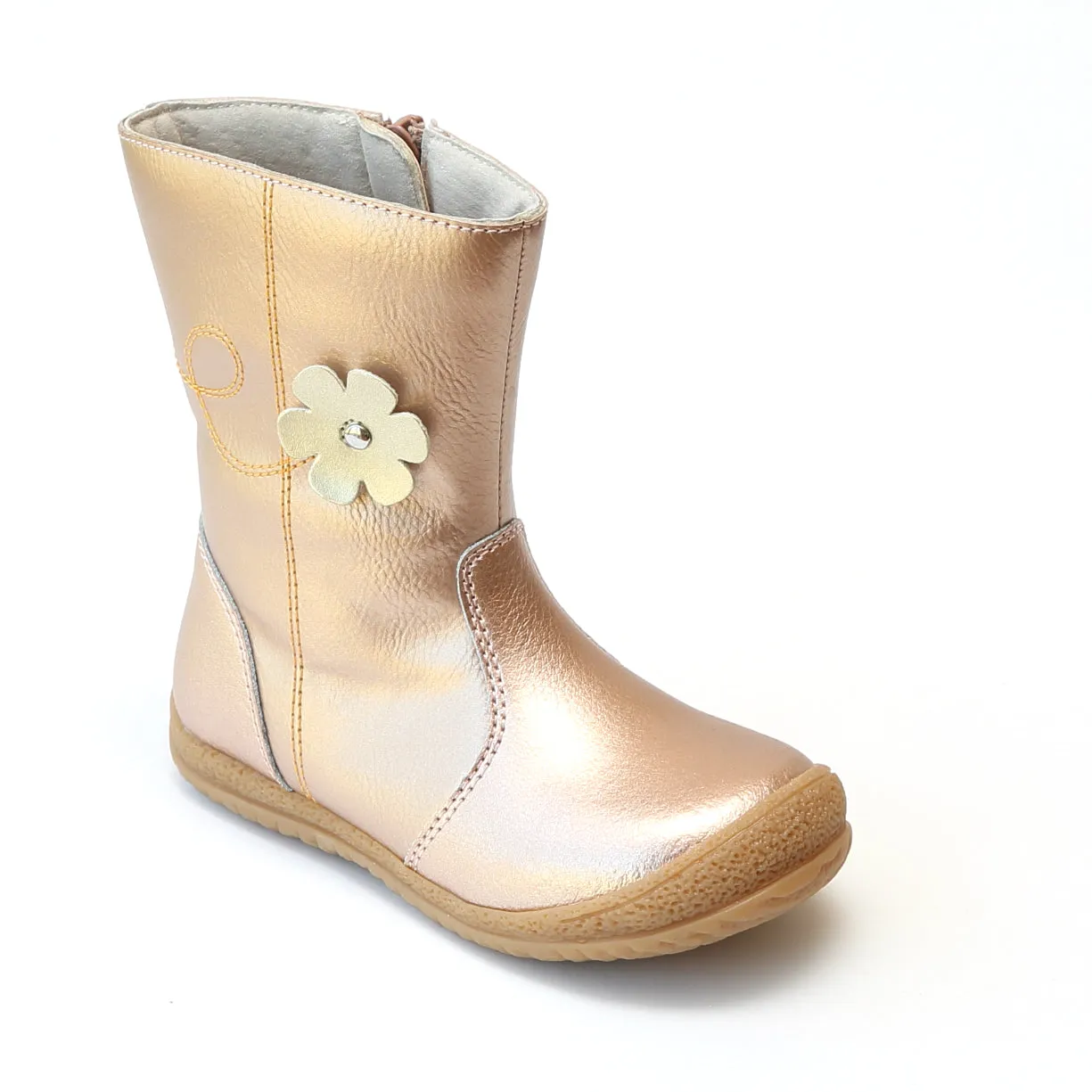 L'Amour Girls Rosegold Leather Flower Mid Boot