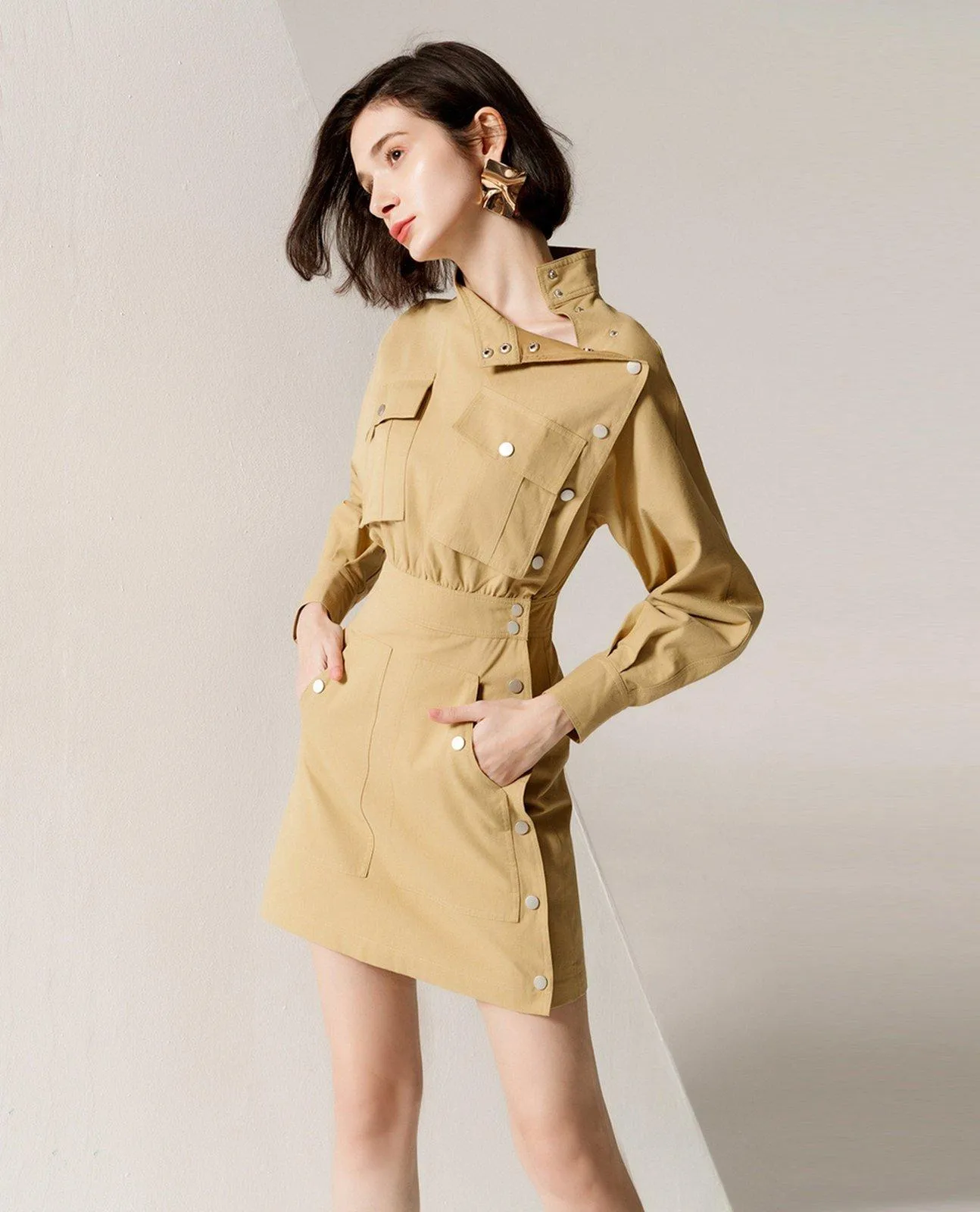 Long Sleeve Flap Pocket Fitted Mini Dress