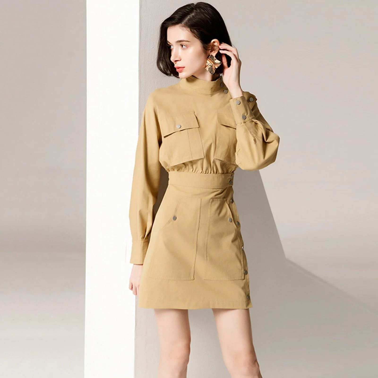 Long Sleeve Flap Pocket Fitted Mini Dress