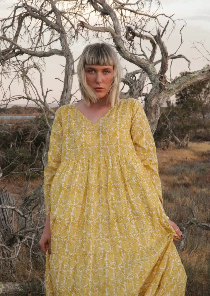 Margy Dress in Mustard Native Blossom