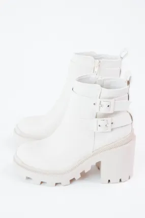 Ivory Pebble Maze Buckle Strap Chunky Bootie