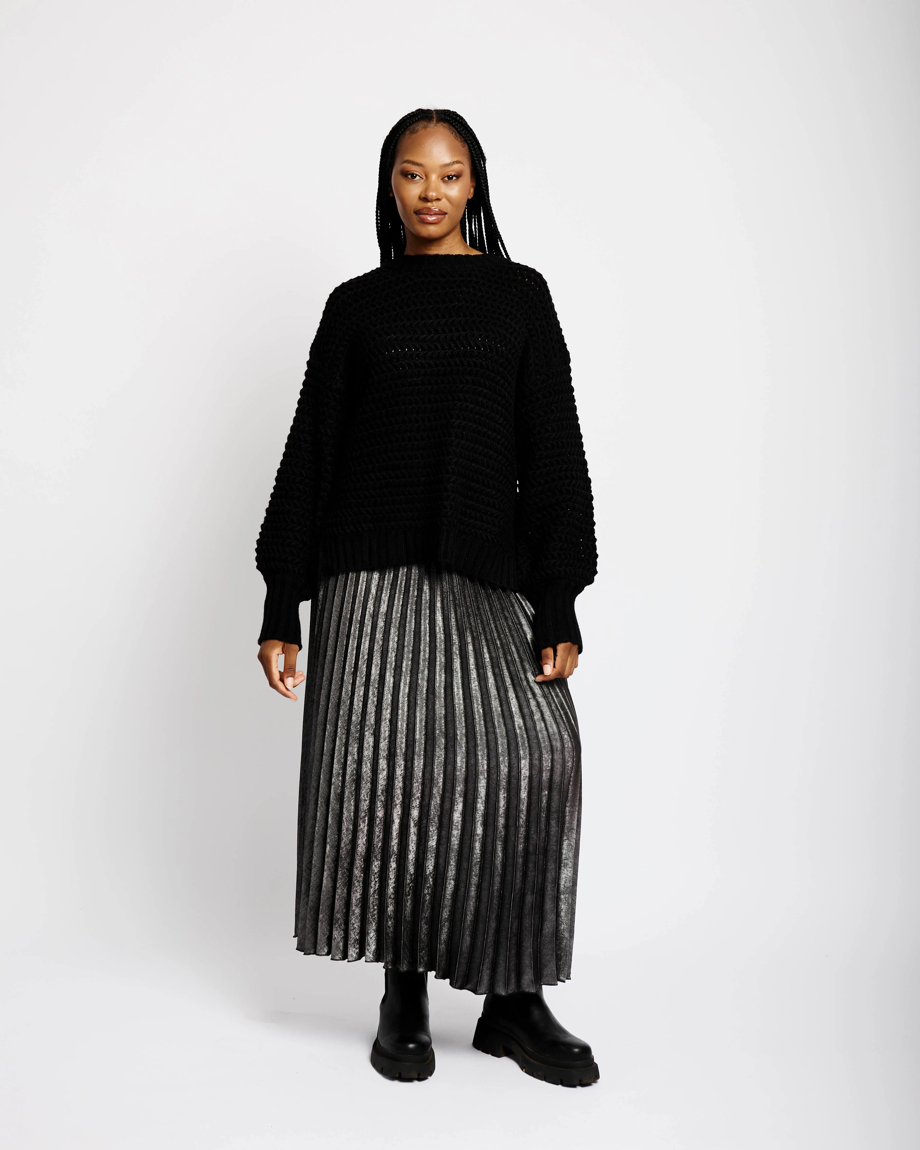 Metallic Pleated Skirt in Silver