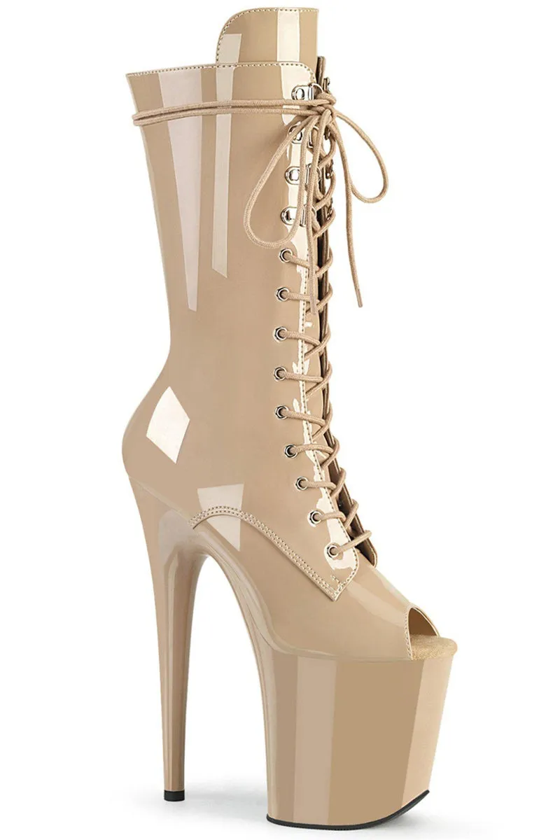 Pleaser USA Flamingo-1051 8inch Peep Toe Pleaser Boots - Patent Beige