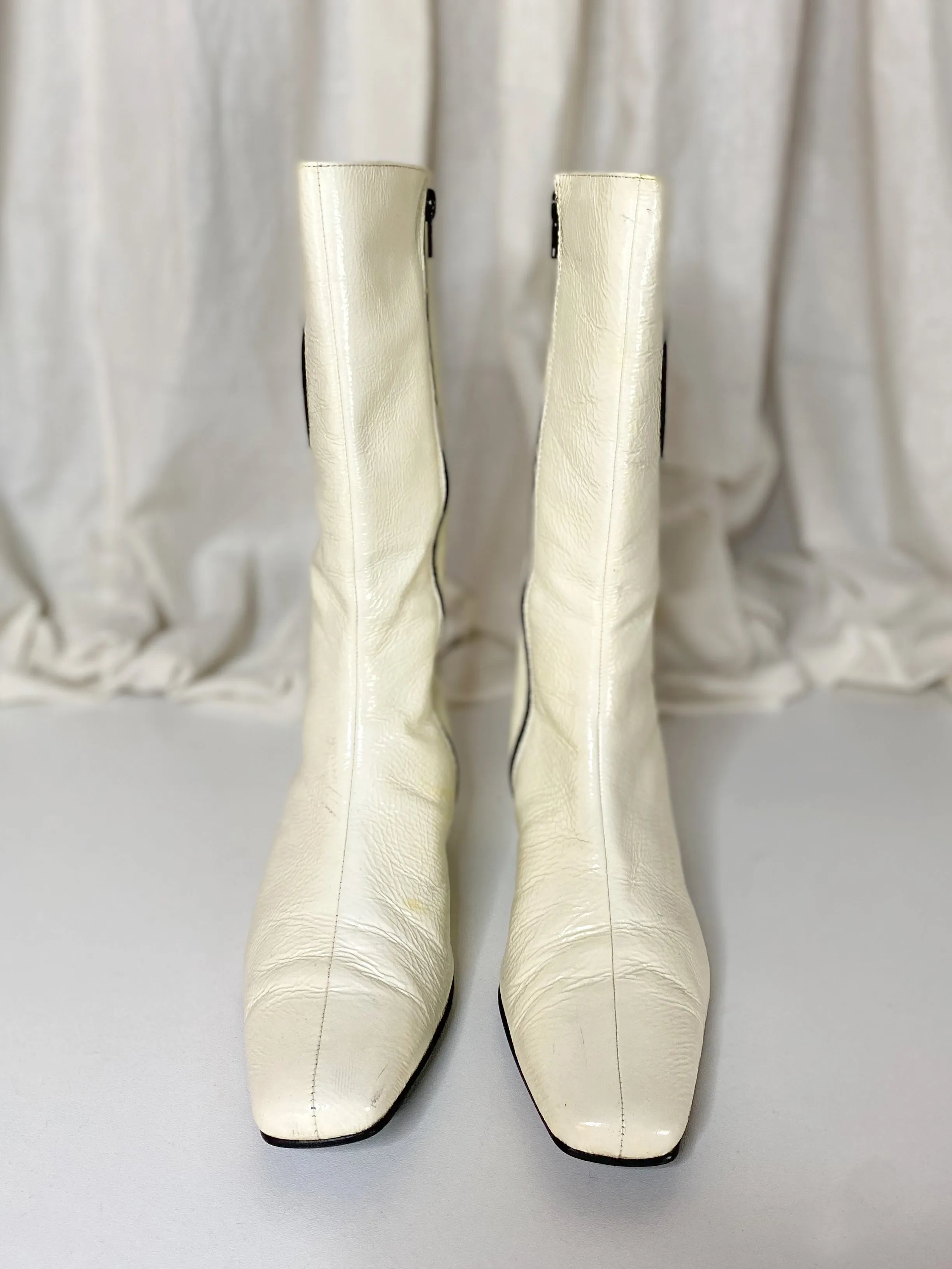 RETRO LEATHER BOOTS [ Cream, Black Circle, mid length, Mod, SIZE 6 ]