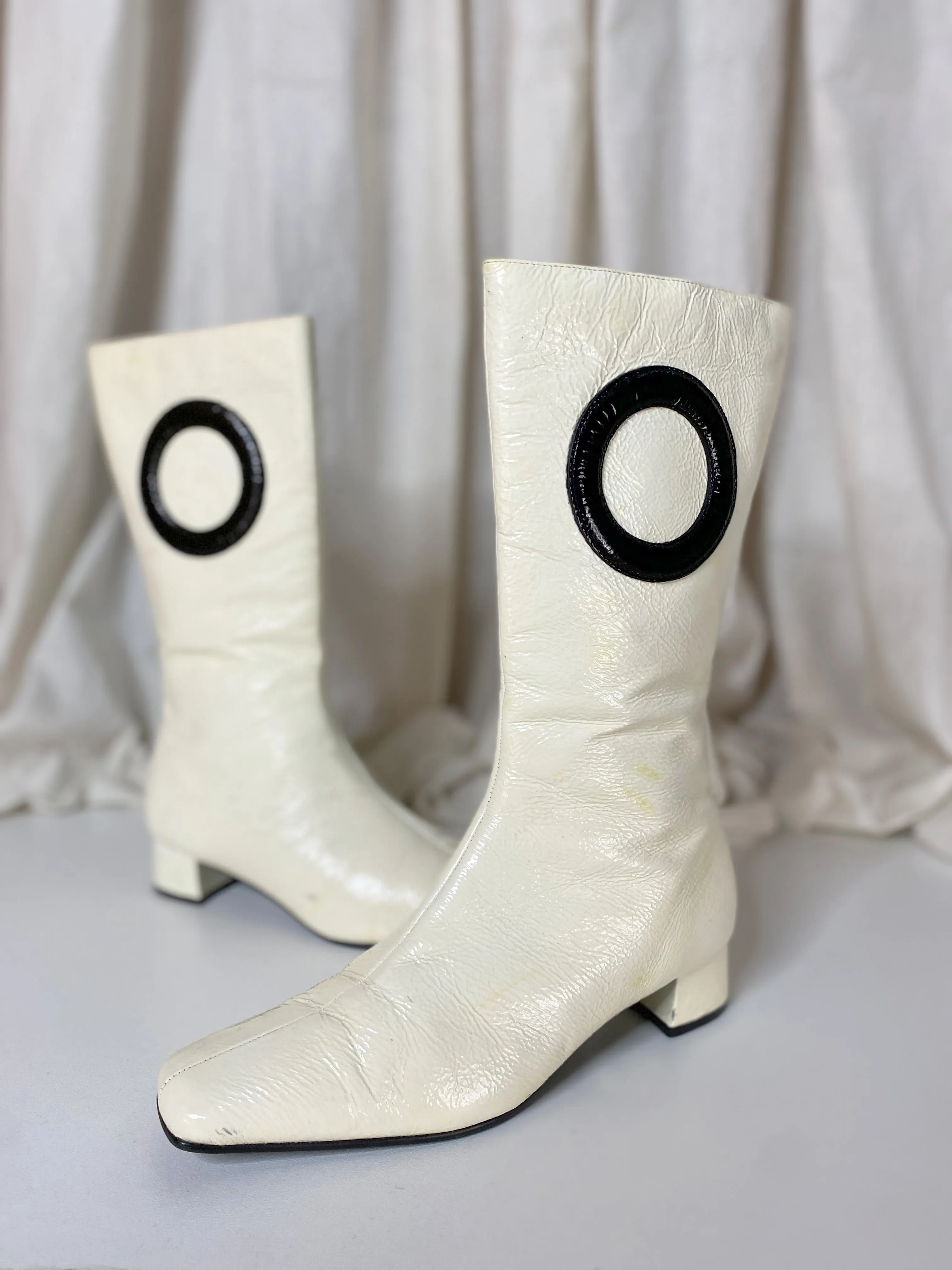 RETRO LEATHER BOOTS [ Cream, Black Circle, mid length, Mod, SIZE 6 ]