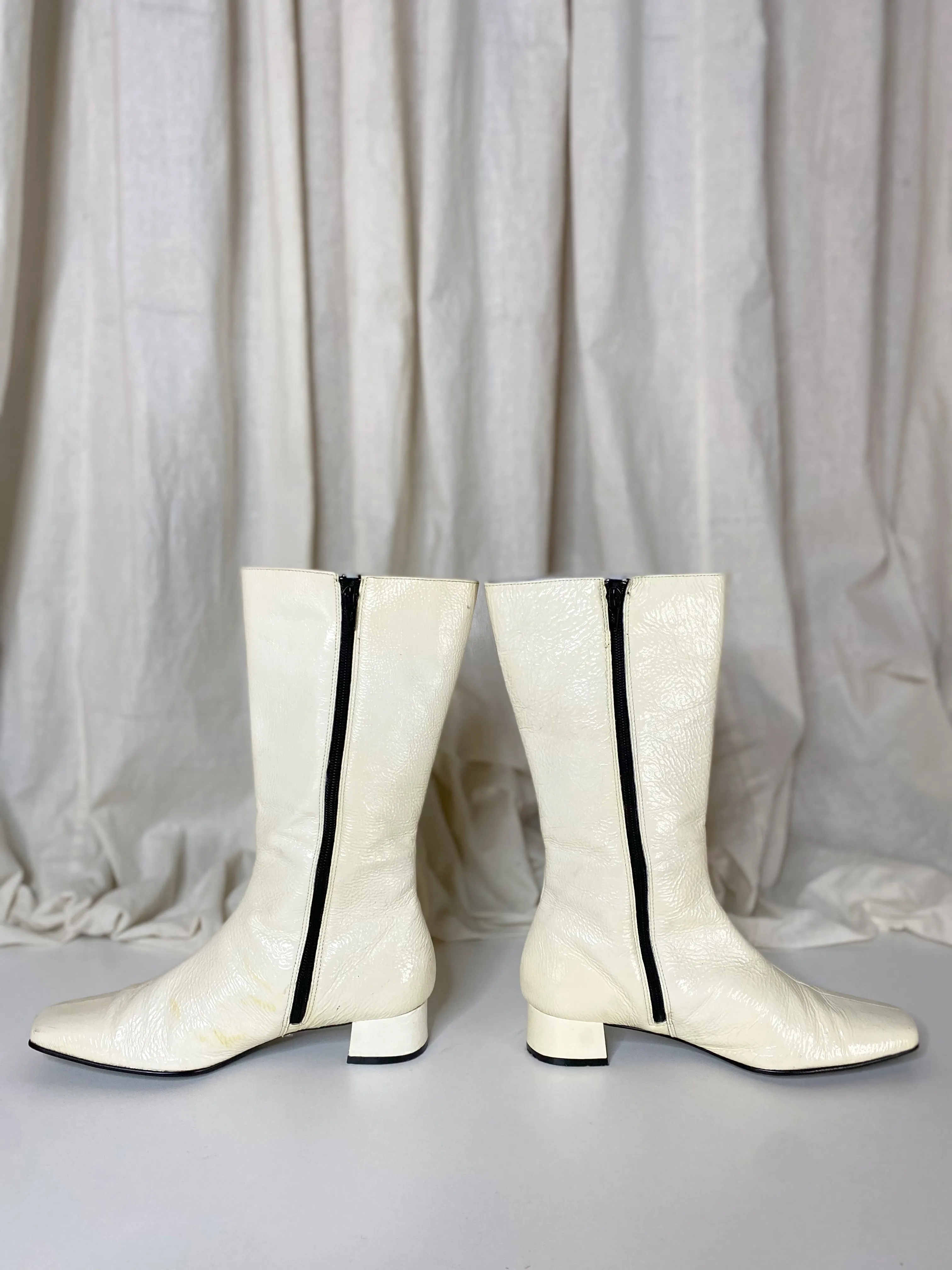 RETRO LEATHER BOOTS [ Cream, Black Circle, mid length, Mod, SIZE 6 ]