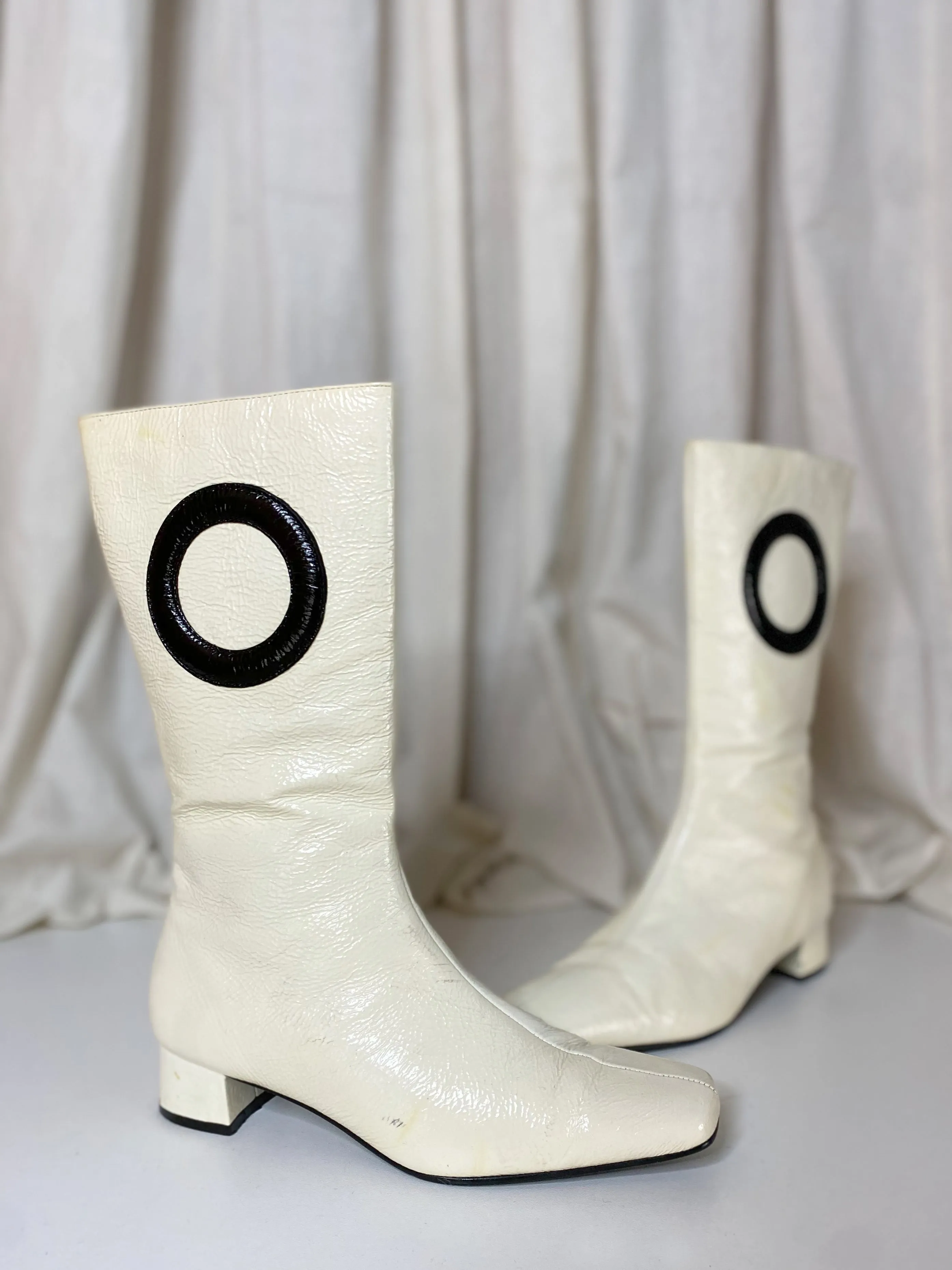 RETRO LEATHER BOOTS [ Cream, Black Circle, mid length, Mod, SIZE 6 ]