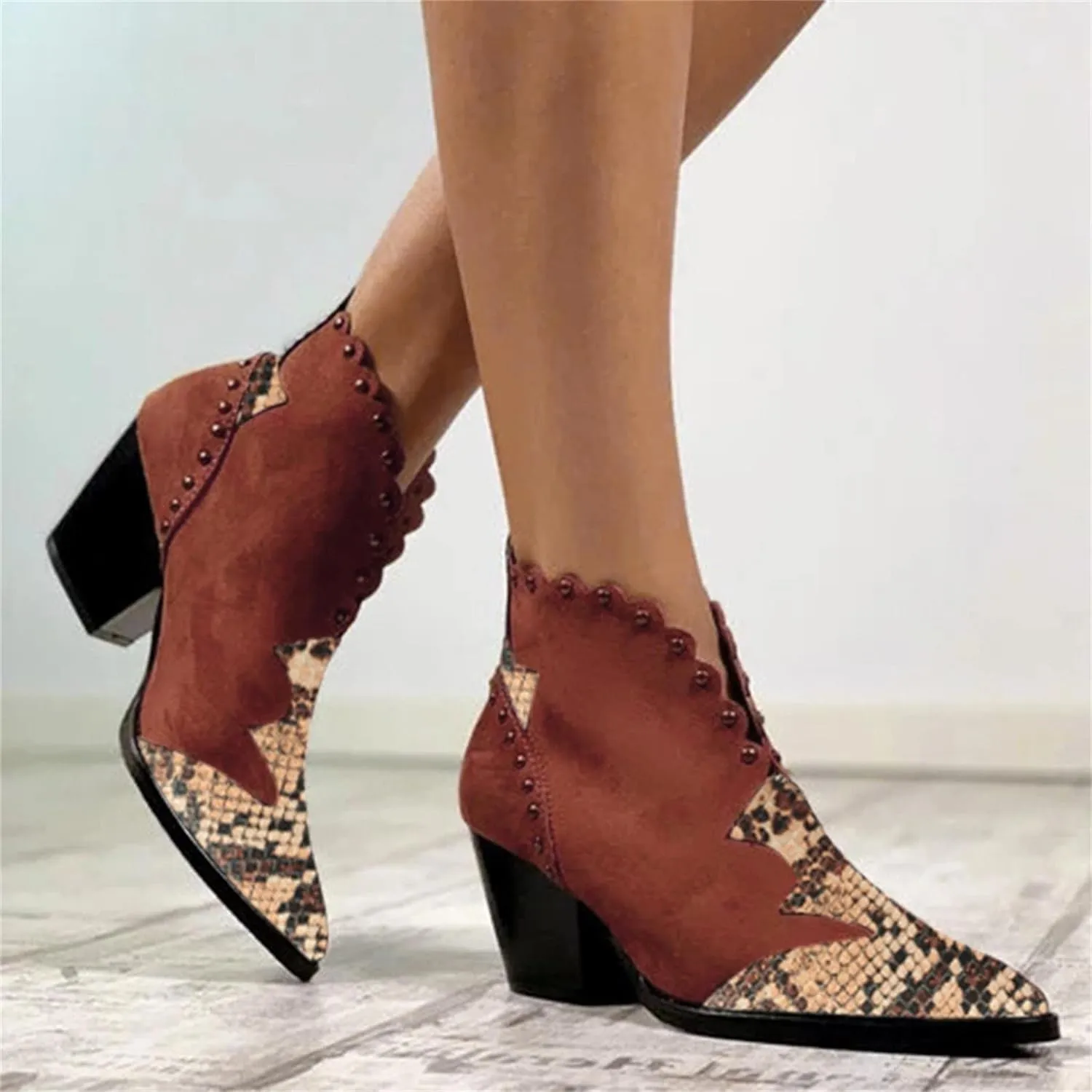 Retro Slip on Pointed Toe Snake Rivet Soft Leather Ankle Boots