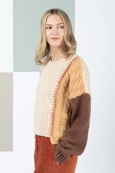 Very J Color Block Cable Knit Long Sleeve Sweater