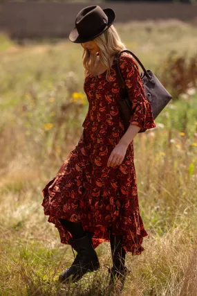 Victoria Midi Dress in Autumn Leaves Swirl