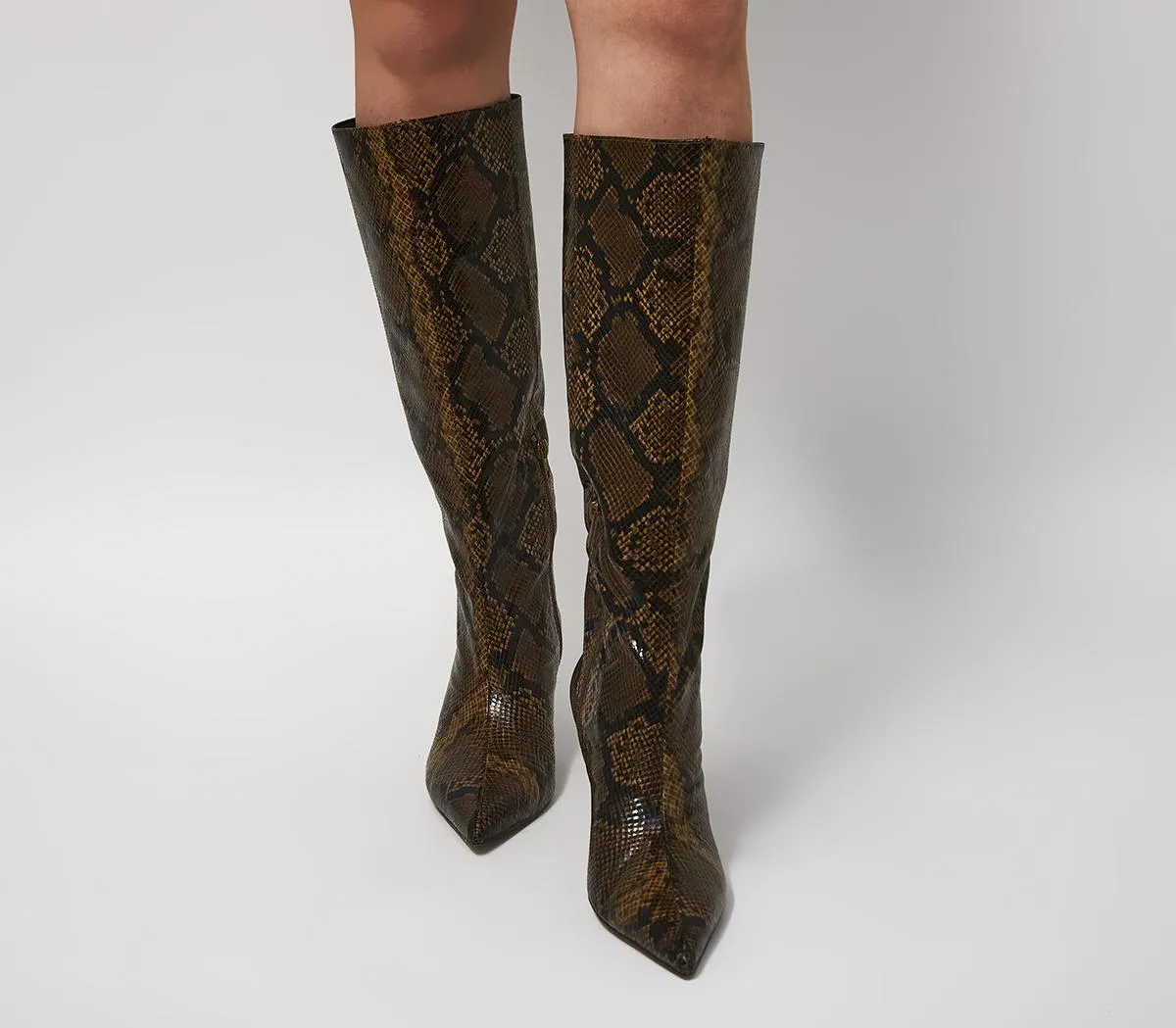 Womens Office Karly Kitten Heel Knee Boots Brown Snake